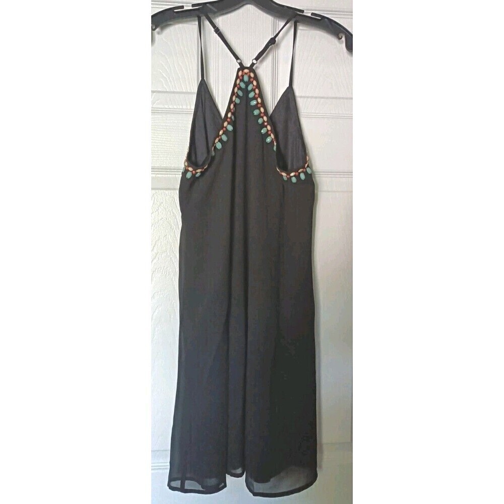 Alya Sheer Dress Size Small Black Turquoise Beaded Neckline Spaghetti Strap - Picture 2 of 7